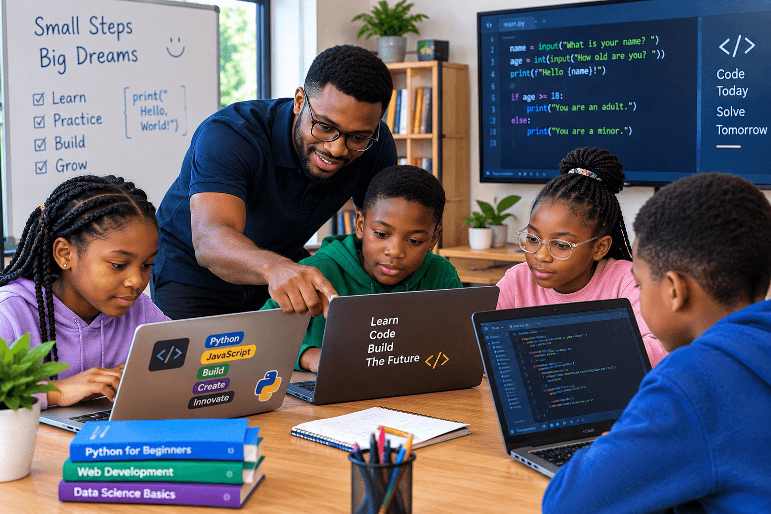 A trainer teaching four students to code on laptops, with a screen showing a Python lesson behind them.
