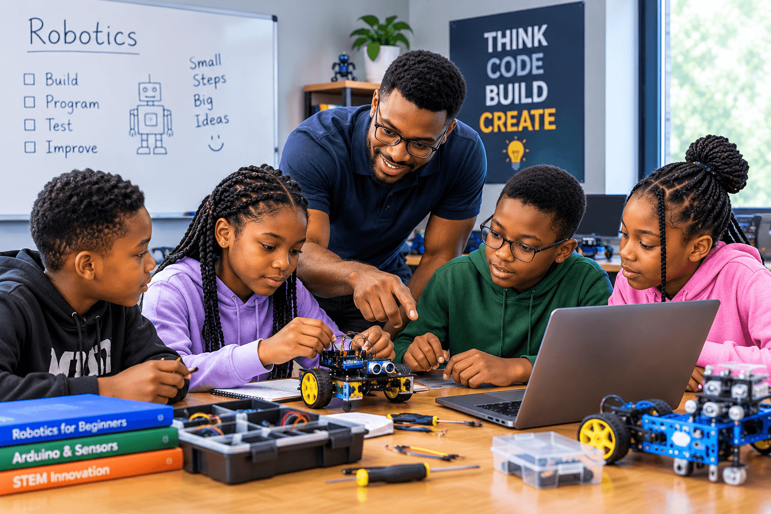 A trainer helping four students build and program a small robot together, surrounded by robotics kits.